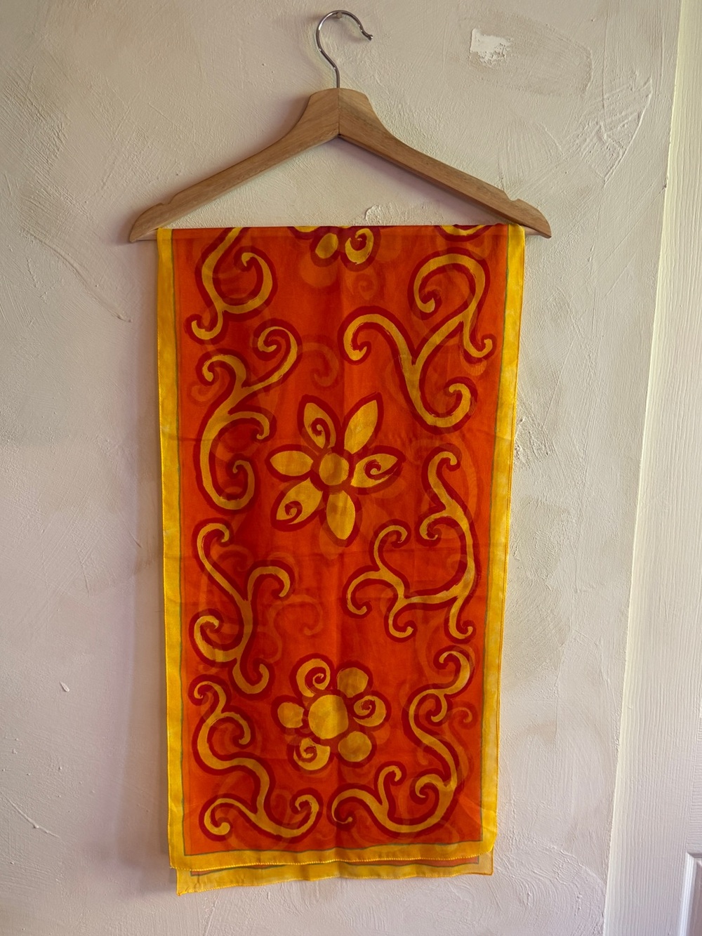 Vintage Silk Oblong Scarf Orange Yellow Swirl Floral Print Sheer Retro Boho